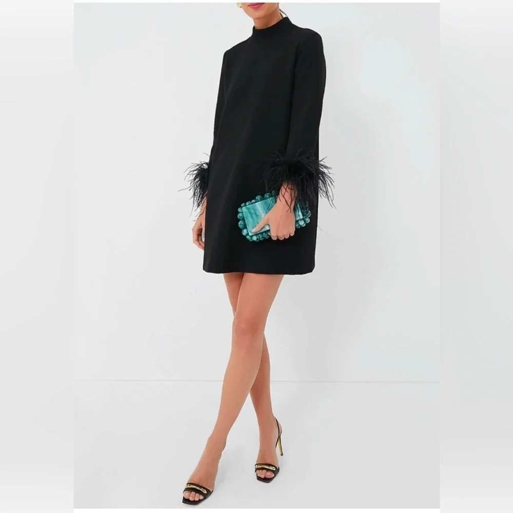 Tuckernuck Black Feather Mod Ellie Dress Mock Neck Ostrich Cuff Shift Mini Large